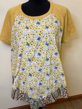 Easel Swing Top Cat print Oversized Shirt Handkerchief Hem Mustard Yellow Sz L​